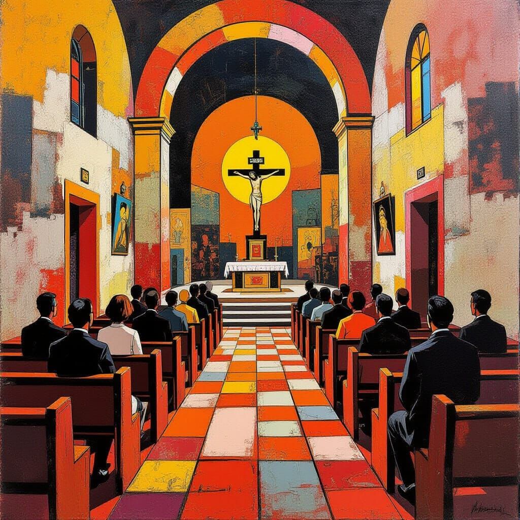 Abstract Church Scene with Bold Lines in Retro Style