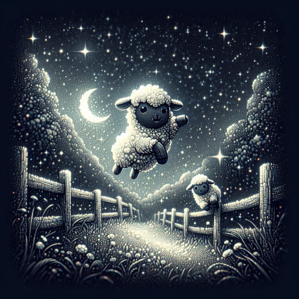 Joyful Nighttime Scene of a Cute Sheep Jumping Over a Fence...