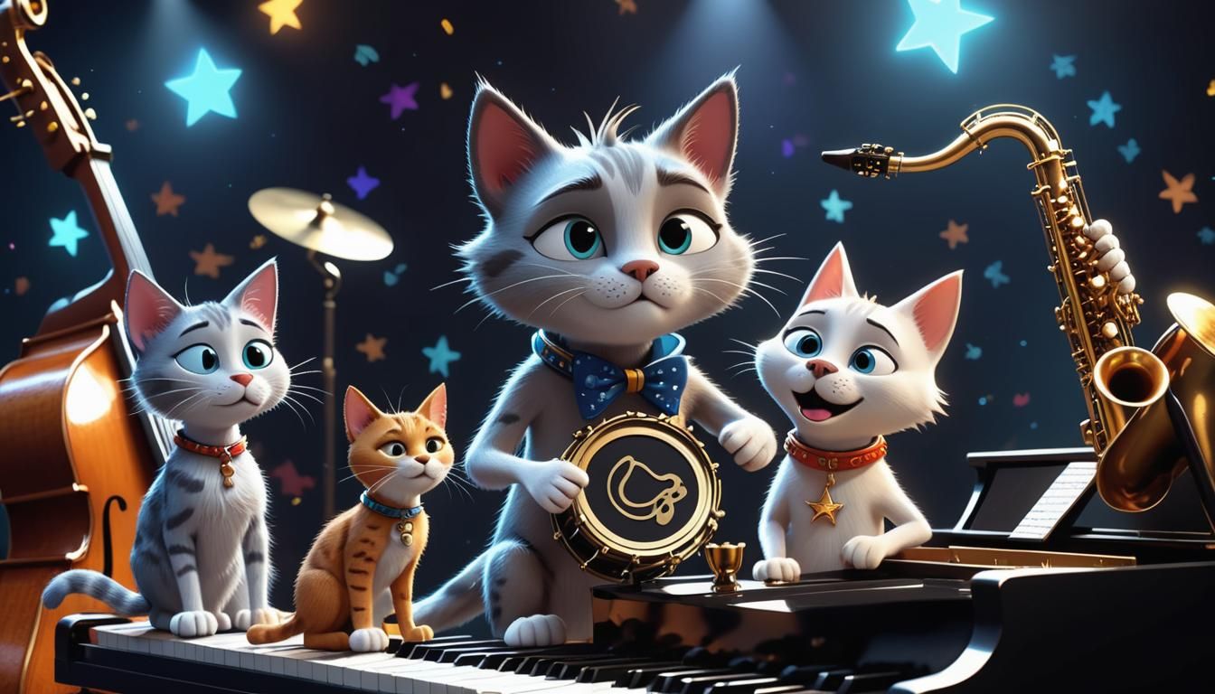 Cartoon Jazz Band with Pentagram in Bohemian Style