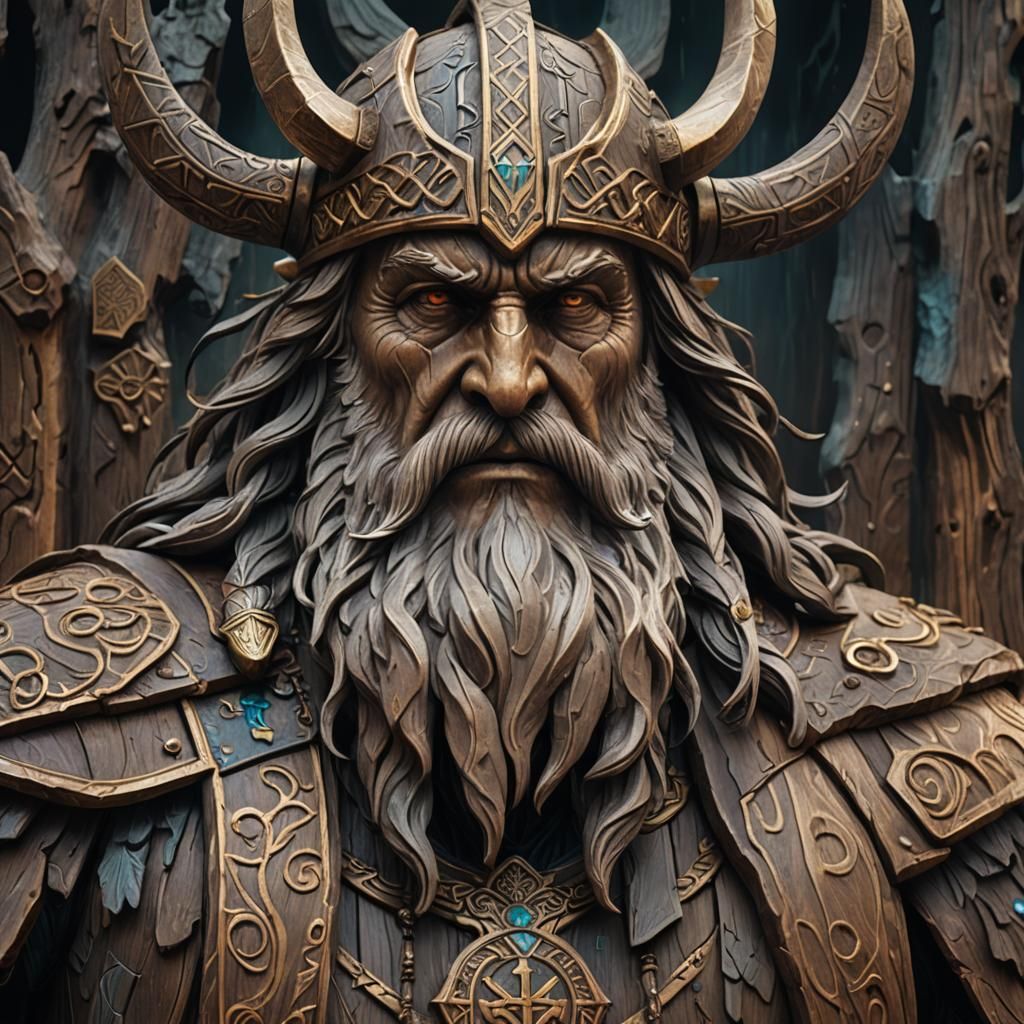Odin Wood Statue with Nordic Runes