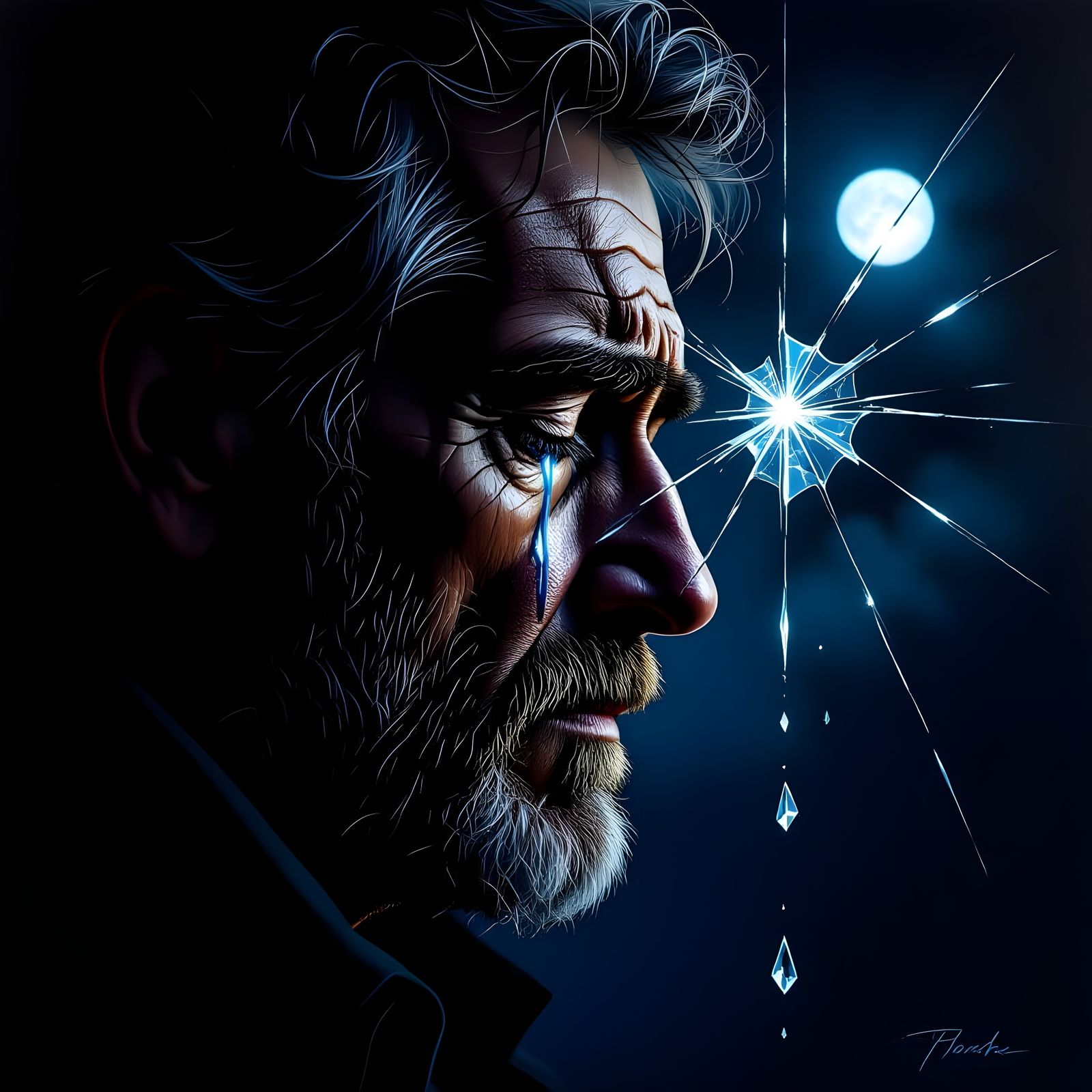 Man's Tear Unlocks Silent Cry in Dark Painterly Style