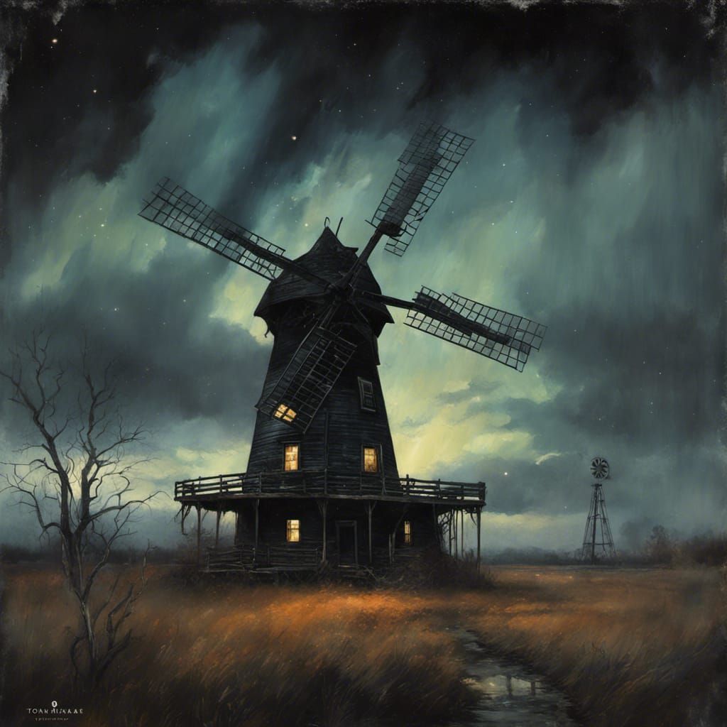 Dilapidated Windmill in Halloween Night Sky