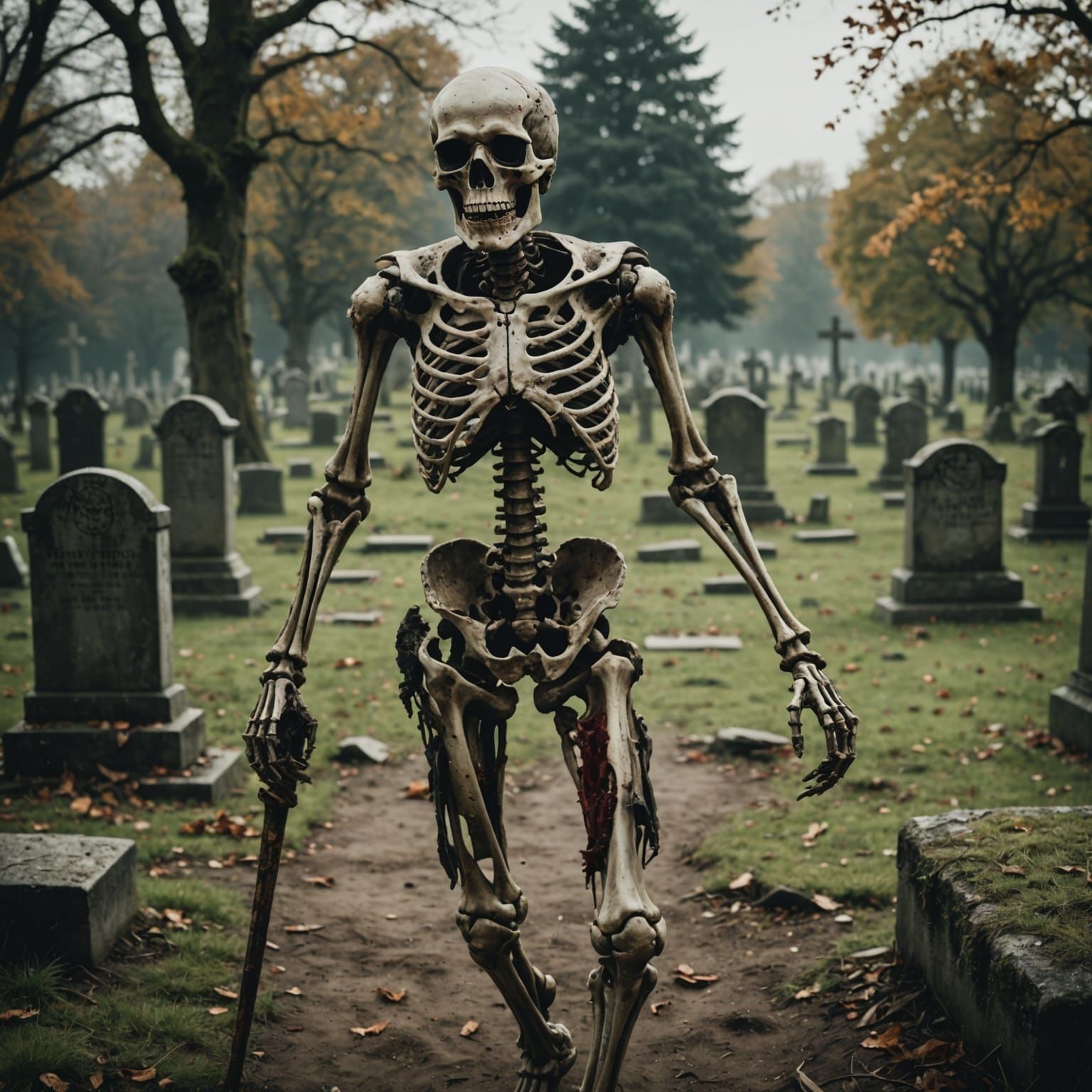Gothic Skeleton Strolls Through a Haunted Graveyard
