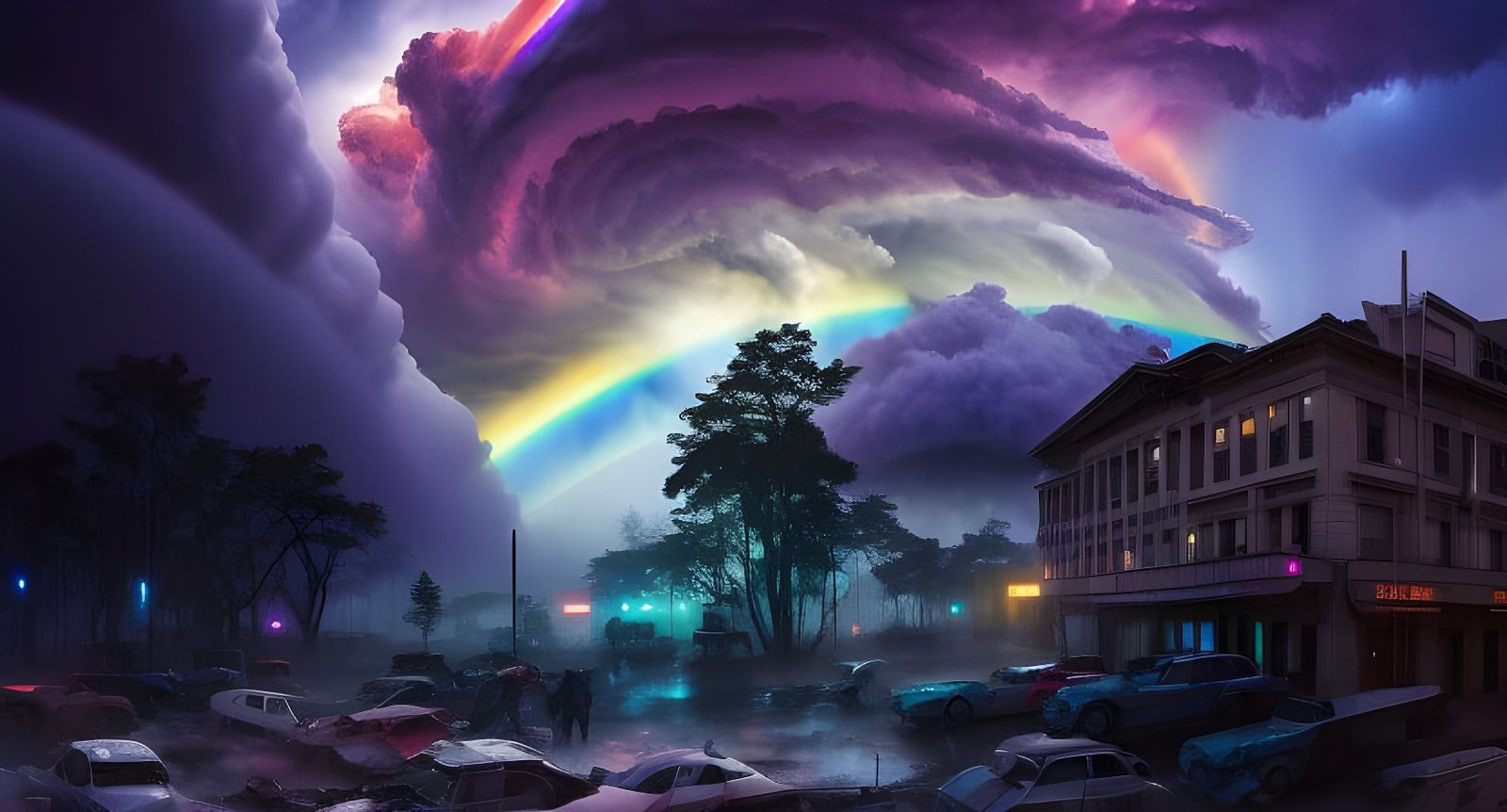 Rainbow Storm Over Cyberpunk City Ruins