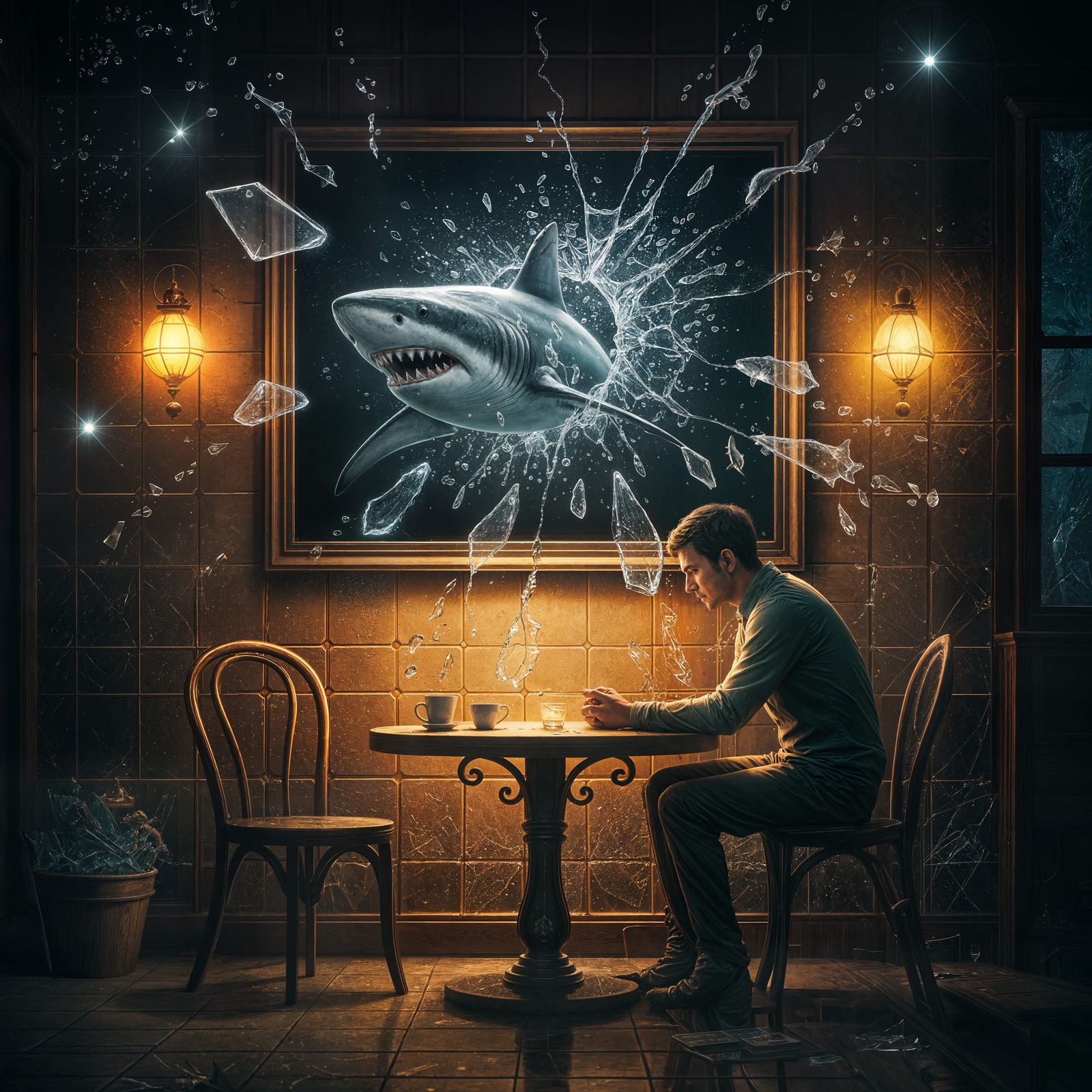 Man in Cozy Cafe Watches Shark Picture Shatter