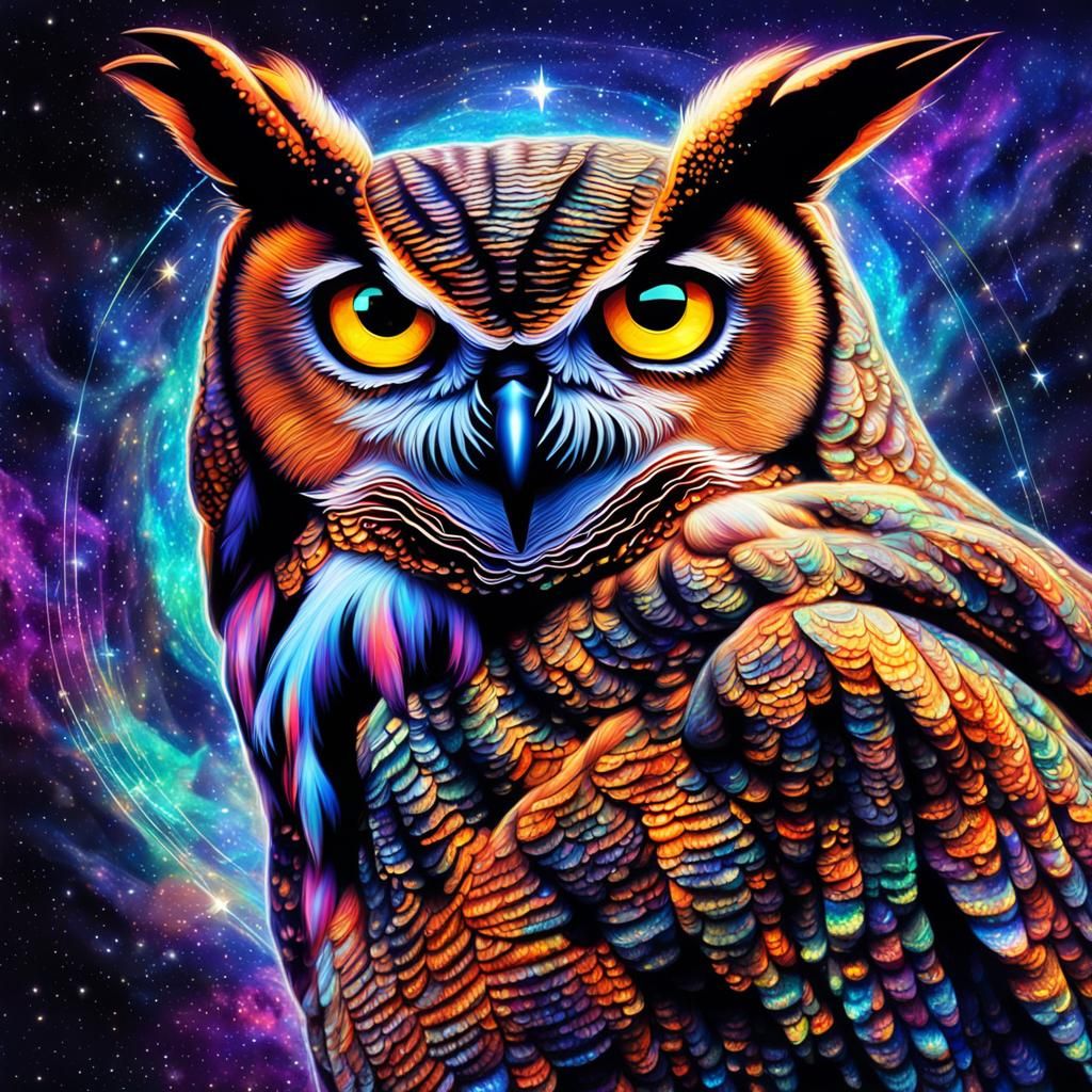 Great Horned Owl in Flight: Cosmic Illustration