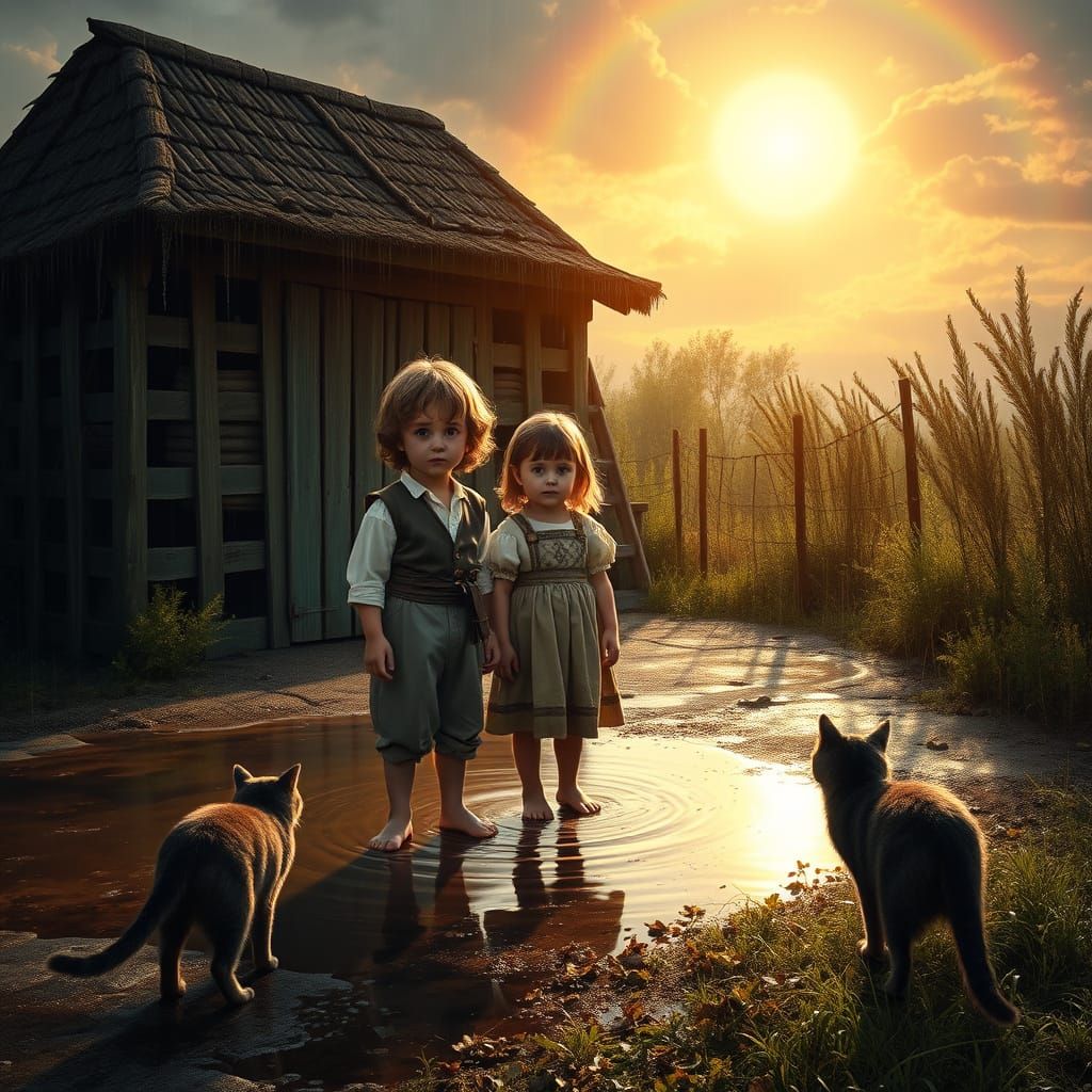 Children in Rain Puddle with Rainbow