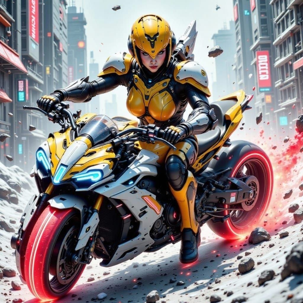 Futuristic Warrior on Neon Motorbike in Digital Rain