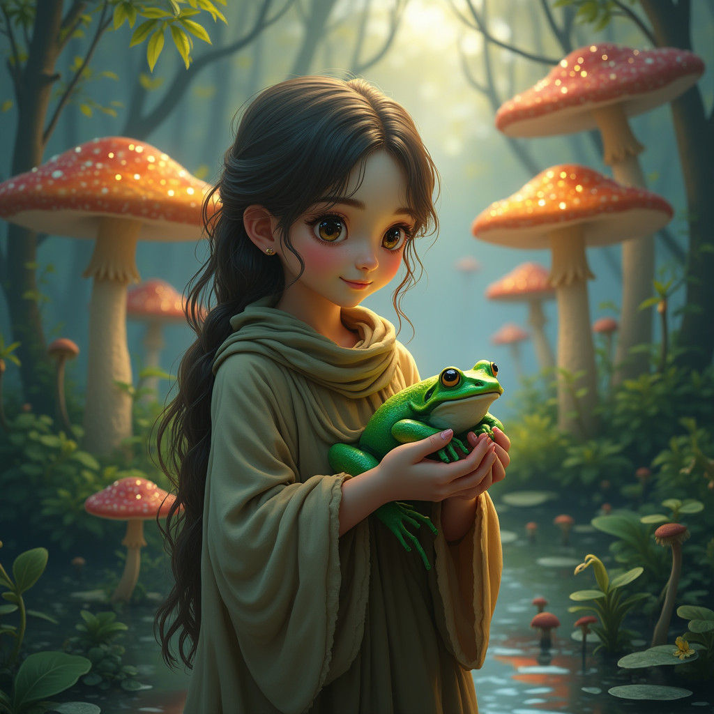 Girl with Frog in Mystical Swamp Landscape