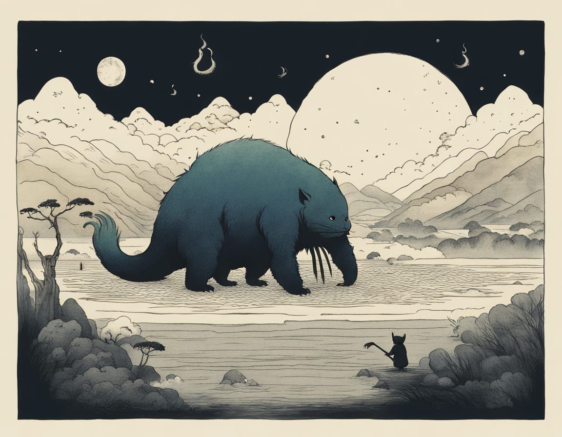 Adorable Fantasy Creature in Japanese Sumi-e Style