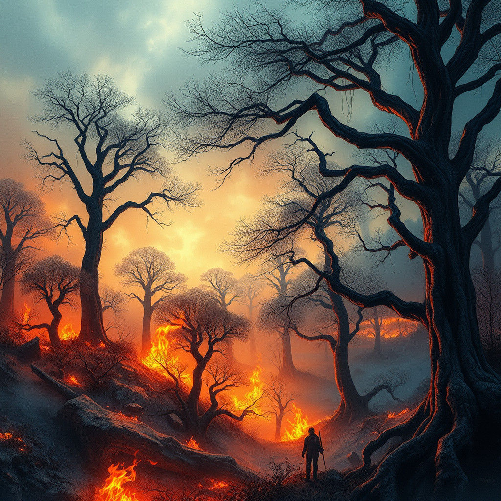 Mystical Burning Forest in Watercolor Painting Style