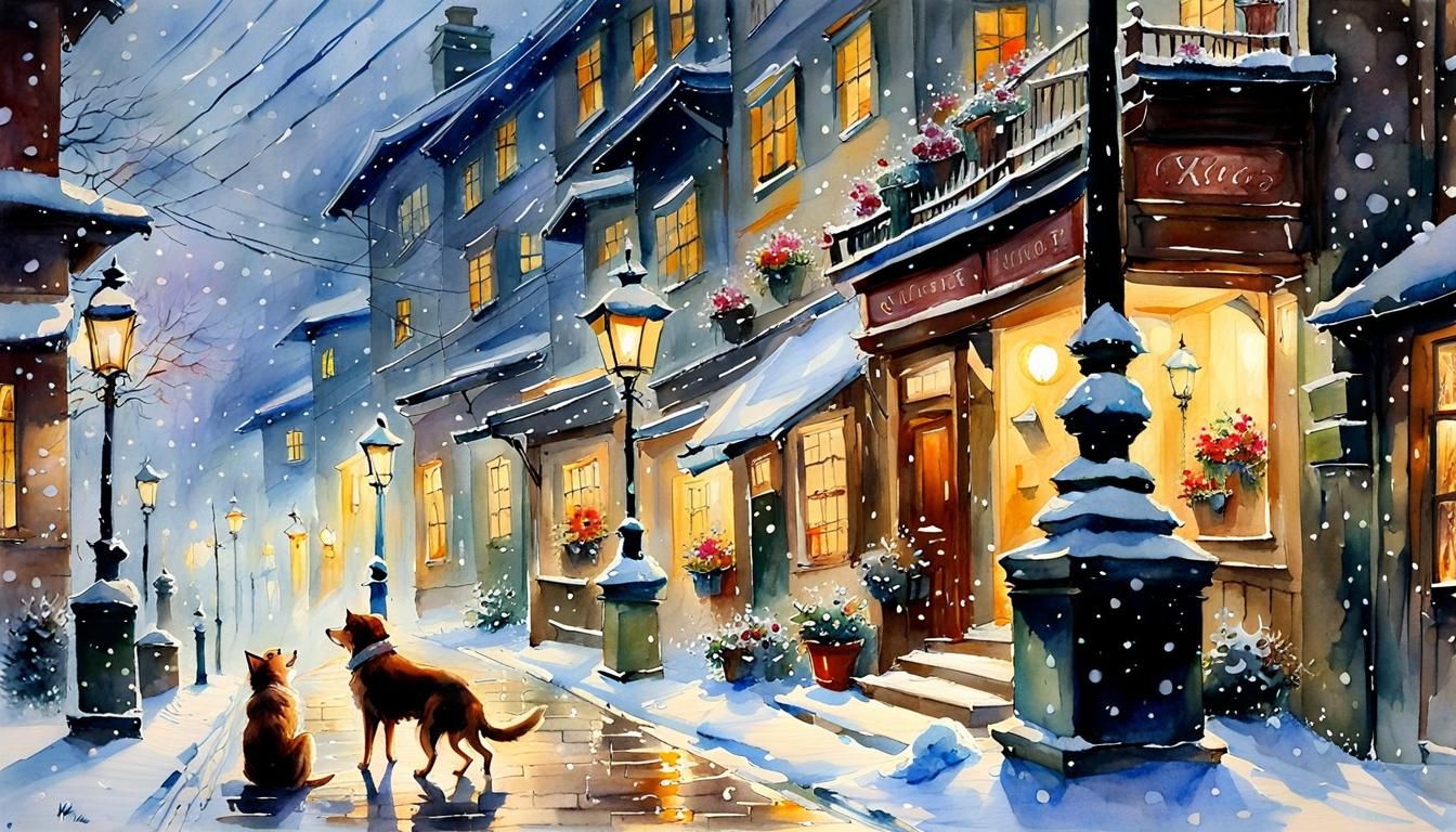 Dogs Protecting Kittens in Snowy Street, Watercolor