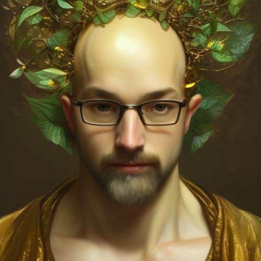 Spring God Portrait with Leaf Crown in Digital Art