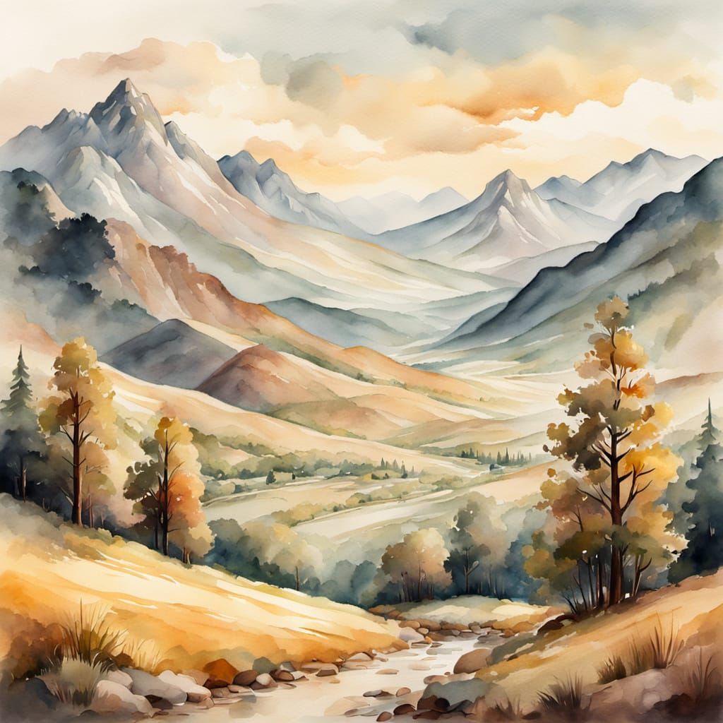 Vintage Watercolor Landscape Painting in Earthy Tones