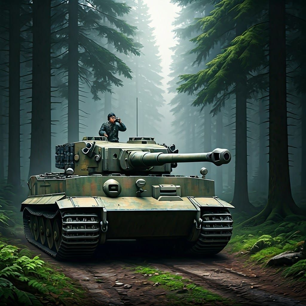 WW2 German Tiger Tank at Forest's Edge in Cinematic Style
