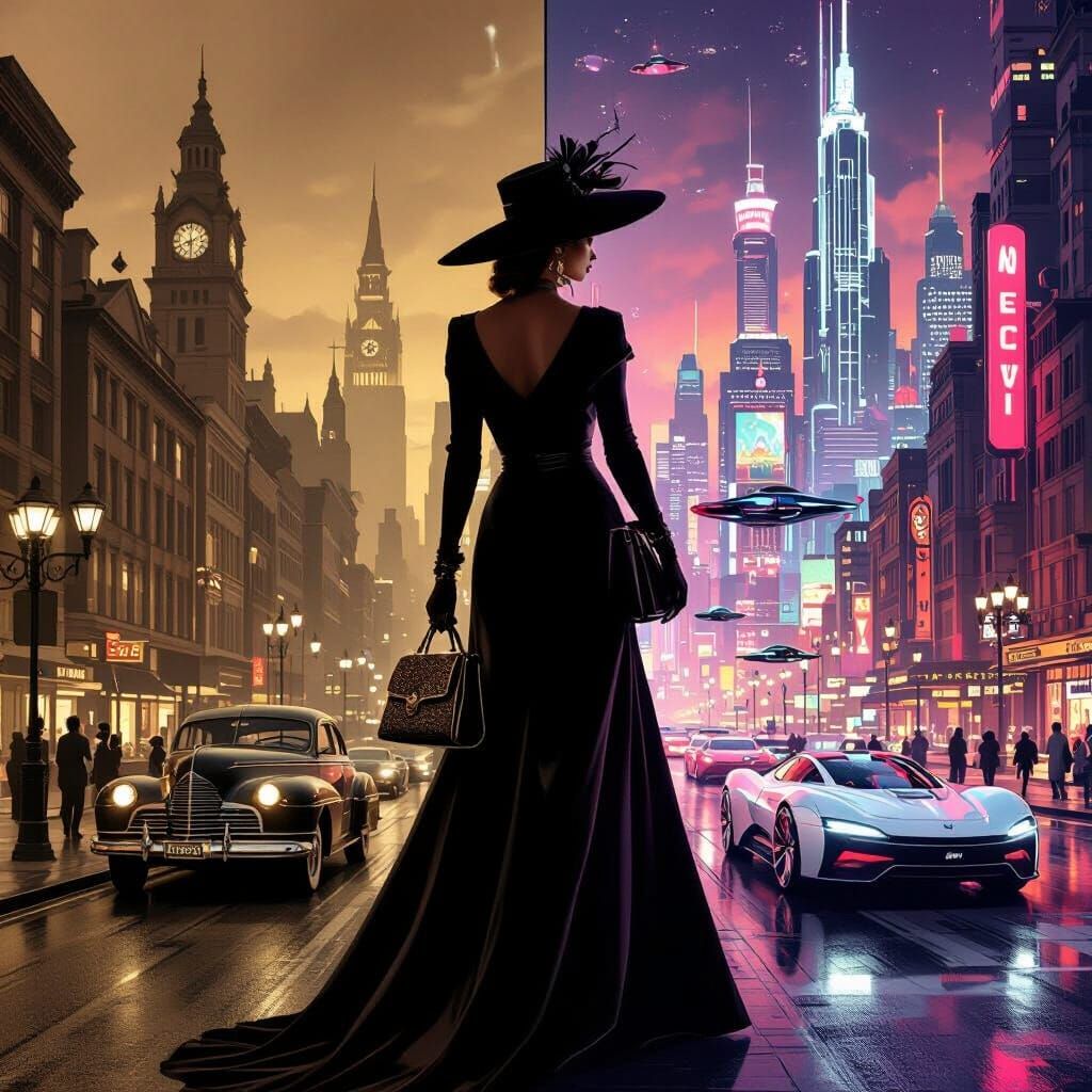 Woman Between Two Worlds: Vintage Sepia Meets Neon Future