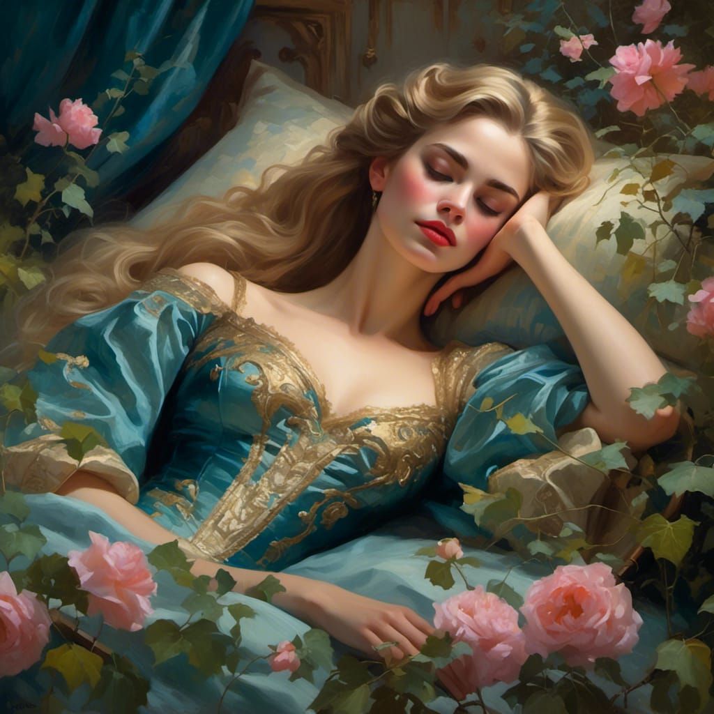 Sleeping Beauty in Ornate Bed: Oil Painting
