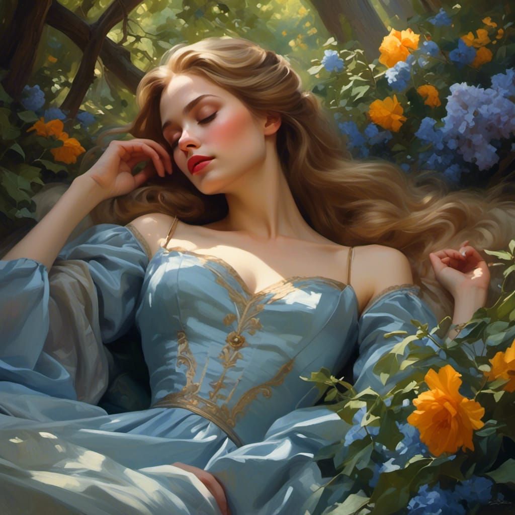 Sleeping Princess in Magical Forest: Oil Painting