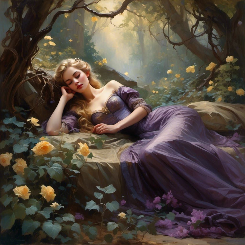 Sleeping Beauty in Dreamlike Forest, Fantasy Art