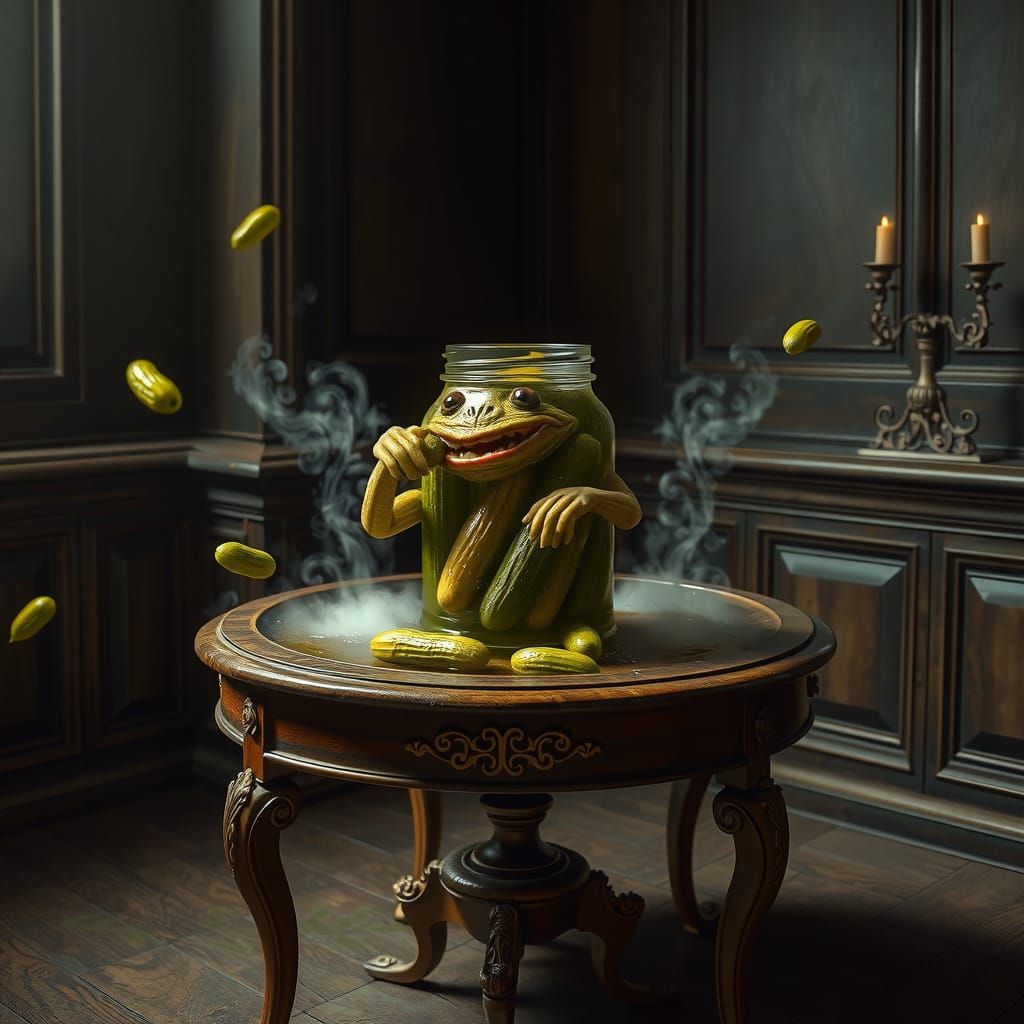 Pickle Creature Emerges from Jar in Moody Lighting