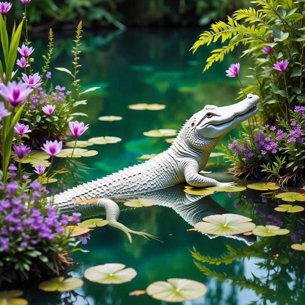 Leucistic Alligator in a Magical Swamp