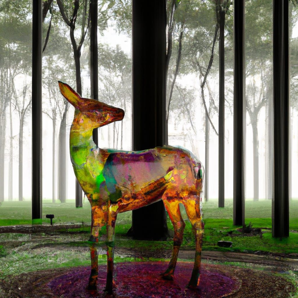 Stained Glass Deer in Realistic Forest, 3D Digital Art