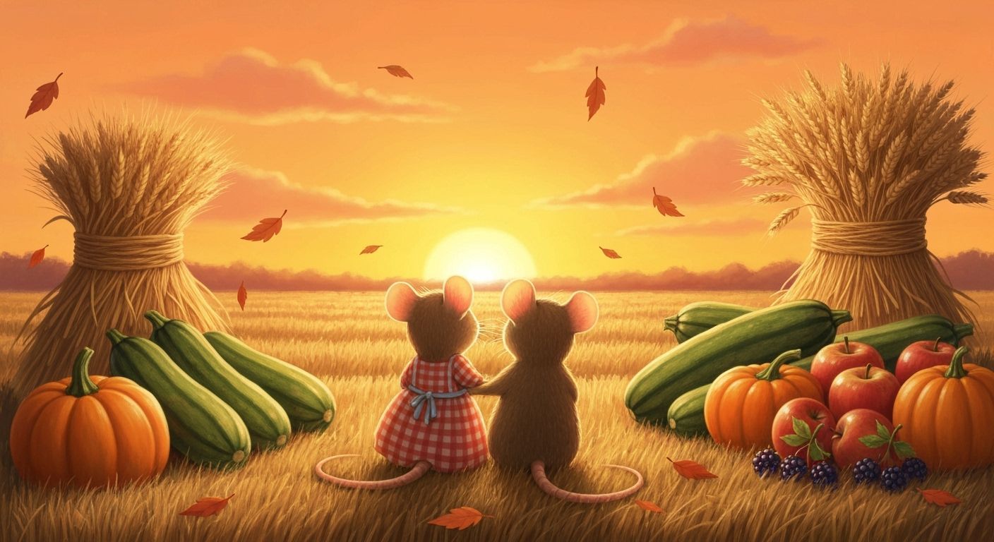 Romantic Mice Enjoying Autumn Sunset in Wheat Field