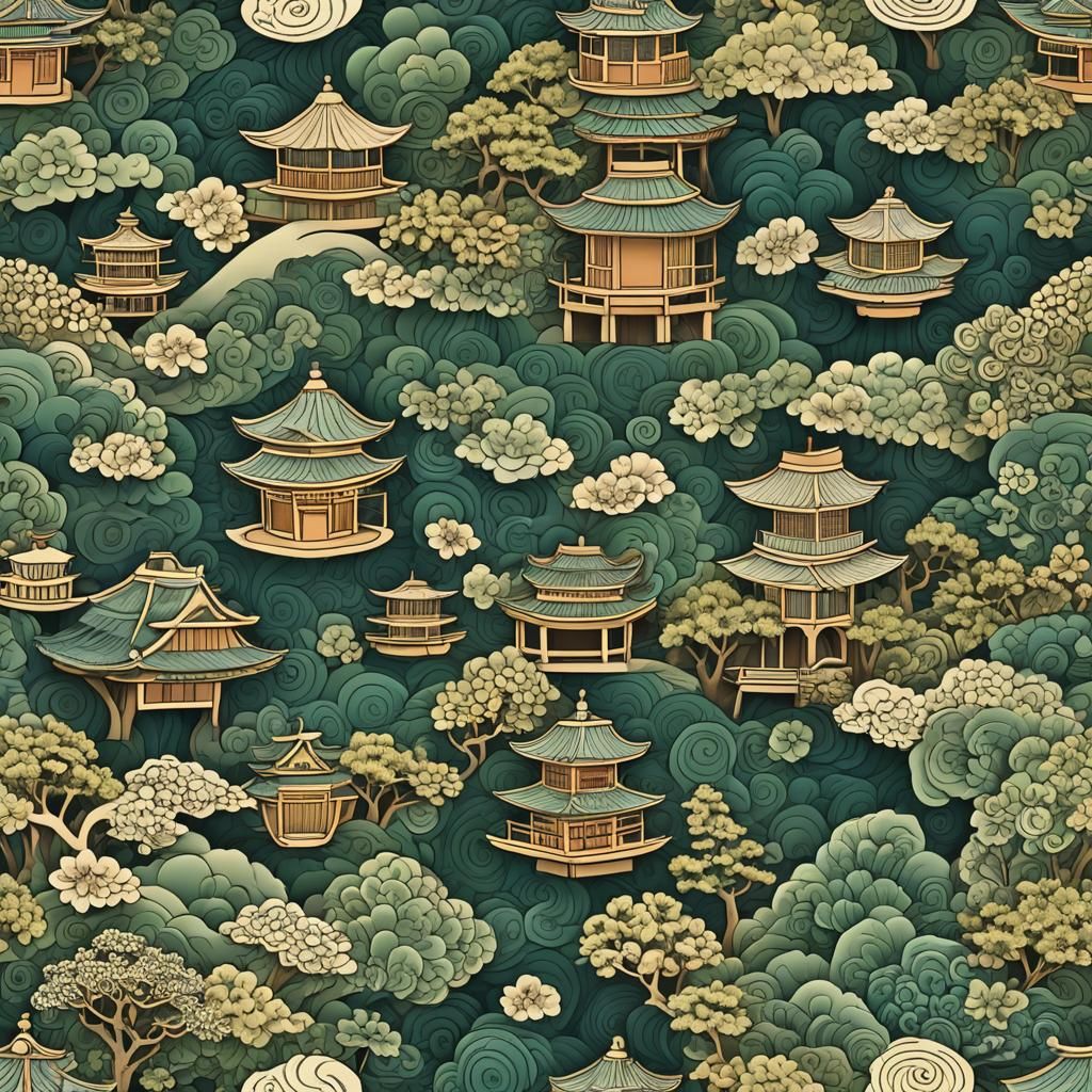 Traditional Japanese Tea House with Abstract Fractal Design