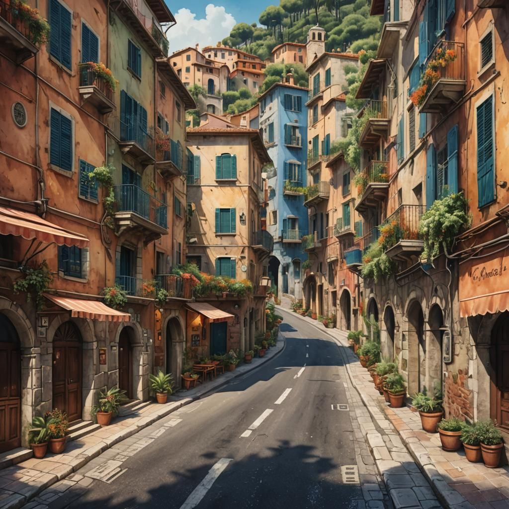 Italian Riviera Streetscape in Watercolor Style