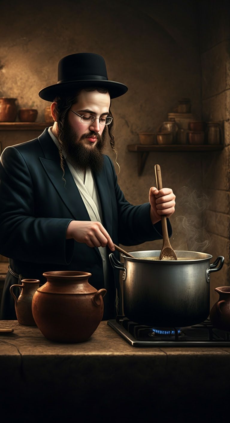 Hasidic Man Concentrates While Cooking: Digital Comic Art