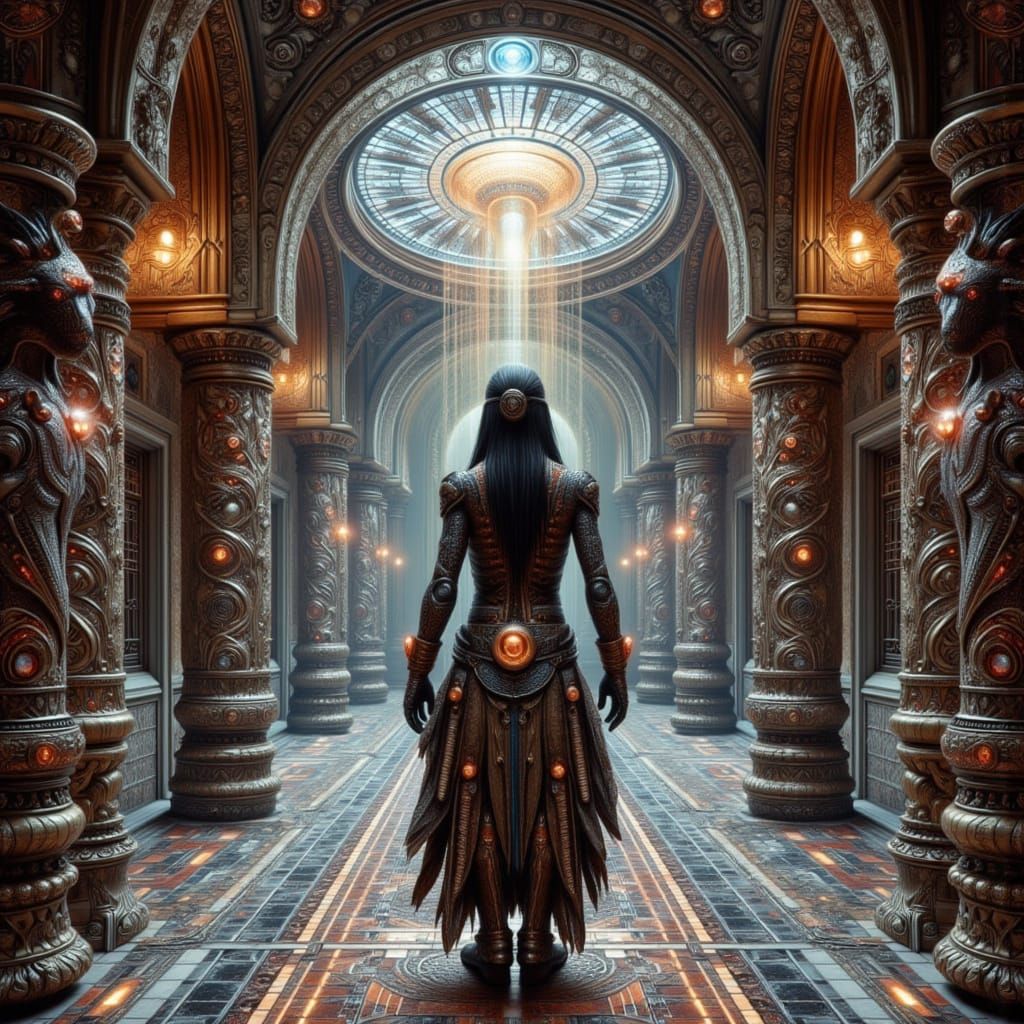 Futuristic Grand Palace with Reptilian Outfit