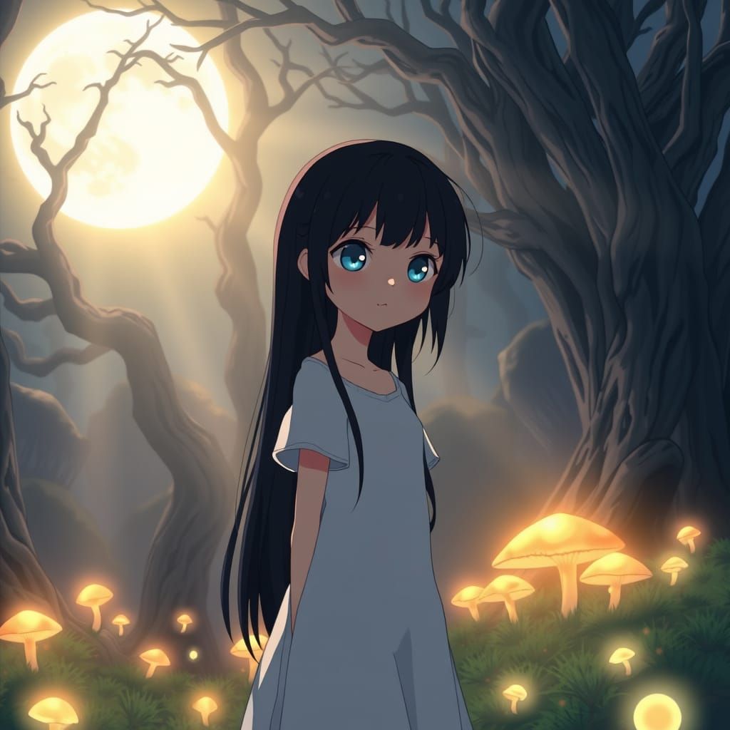 Anime Girl in Enchanted Moonlight Forest