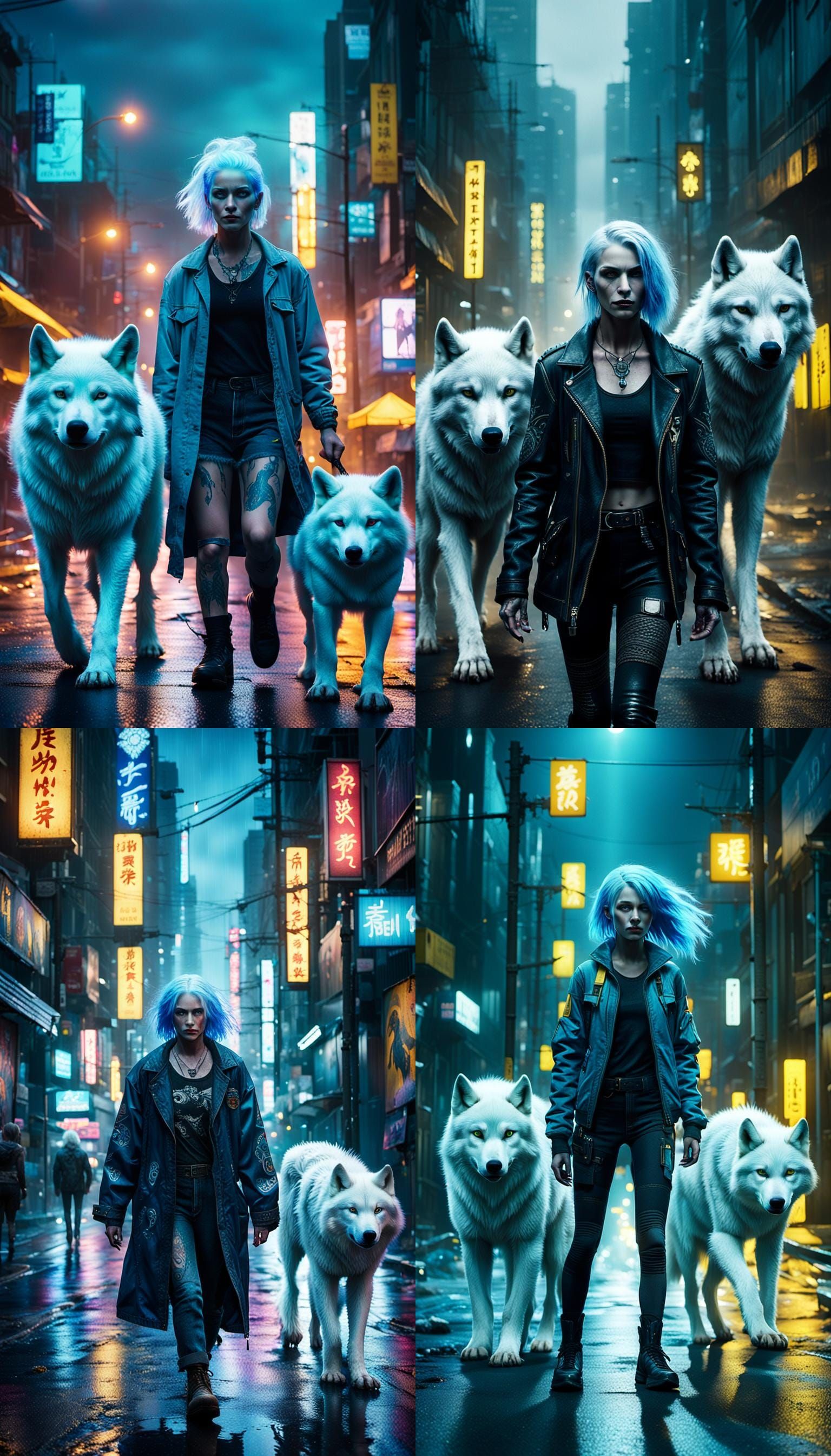 Ethereal Cyberpunk Woman Strolls with Majestic Wolves