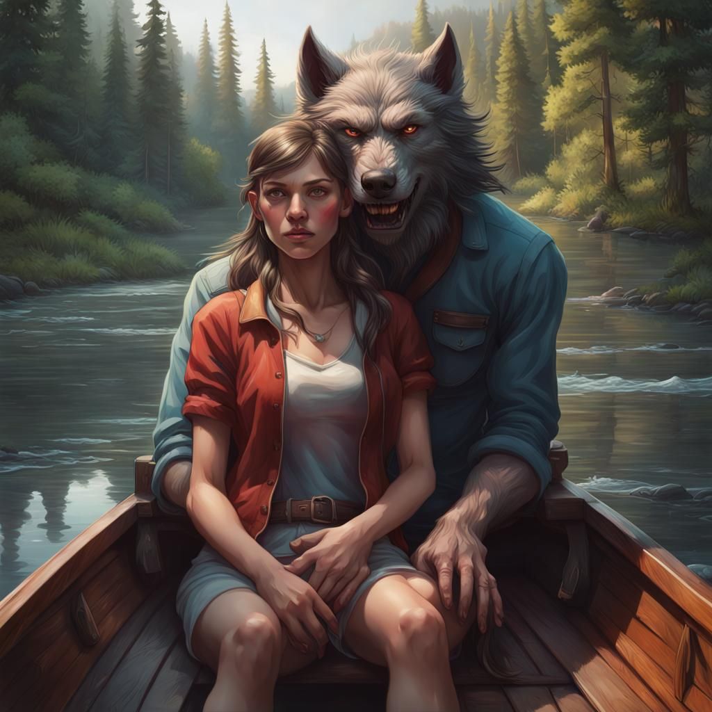 Girl and Werewolf on River Boat, Detailed Portrait