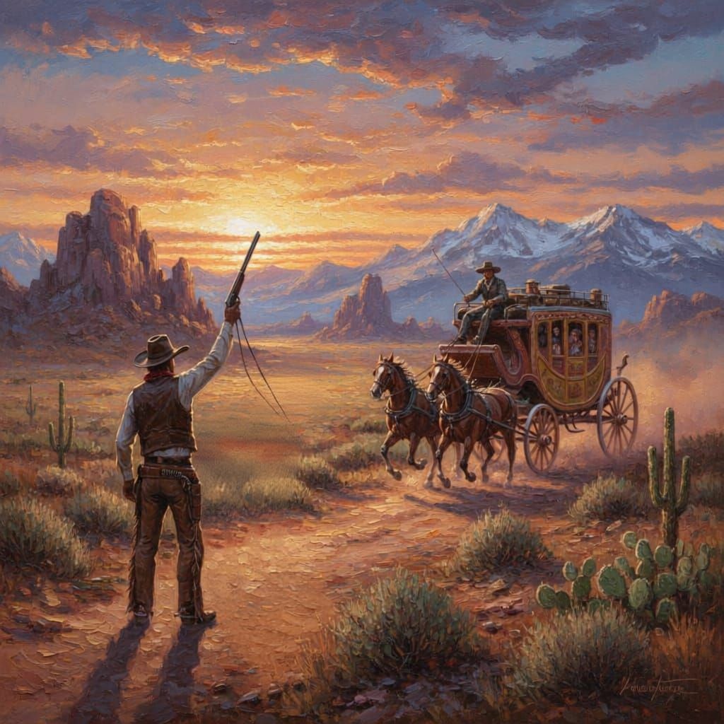Western Frontier Cowboy Signals Stagecoach at Dusk Oil Paint...