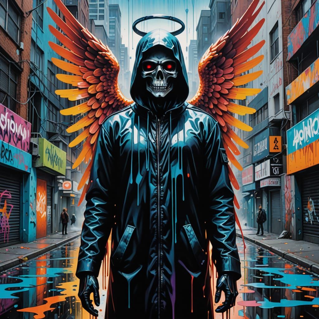 Retrofuturistic Angel of Death in Vibrant Polychromatic Op A...