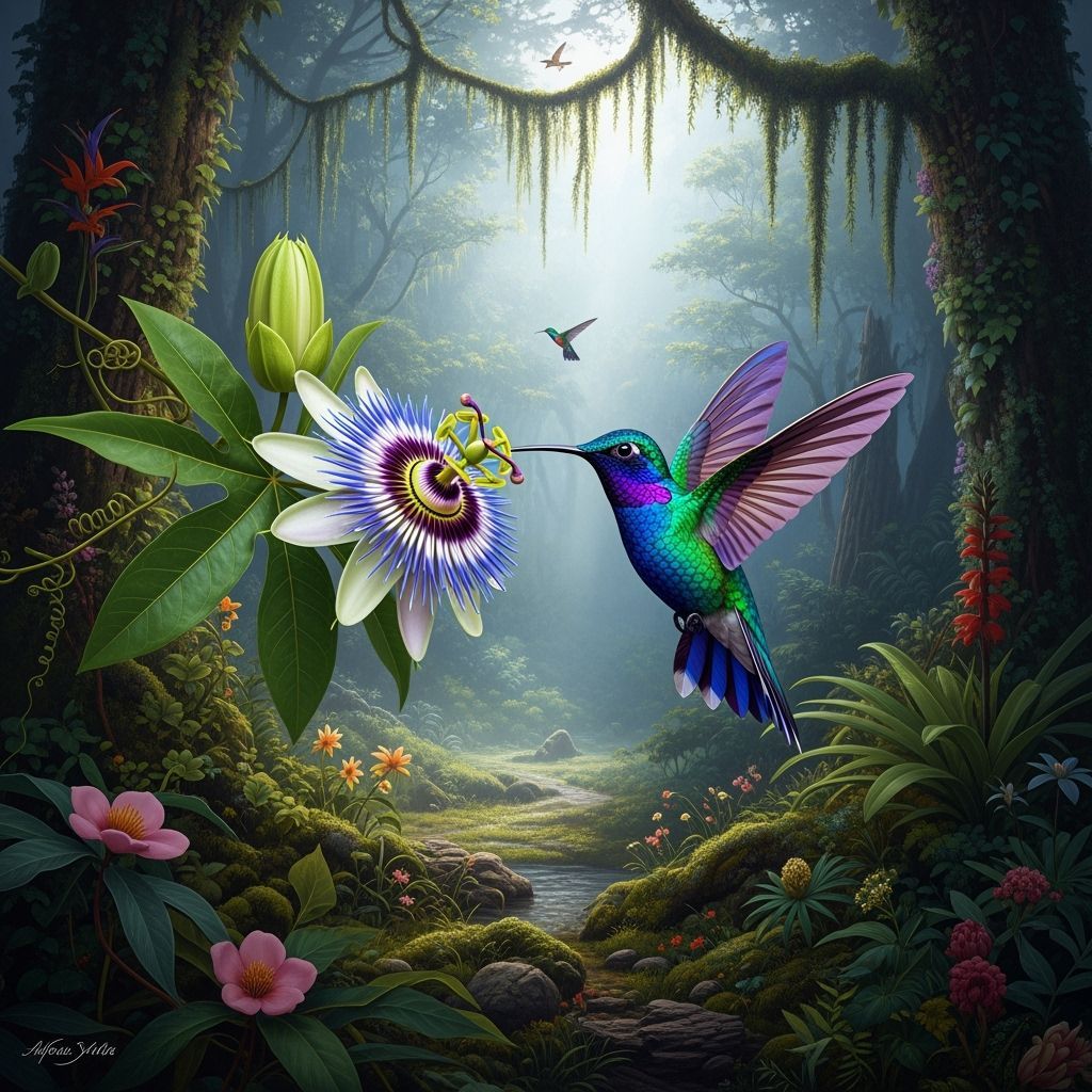 Iridescent Hummingbird in Tropical Rainforest