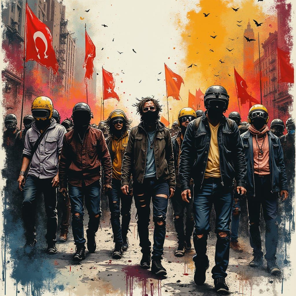 Chaotic Protest Scene in Street Art Style