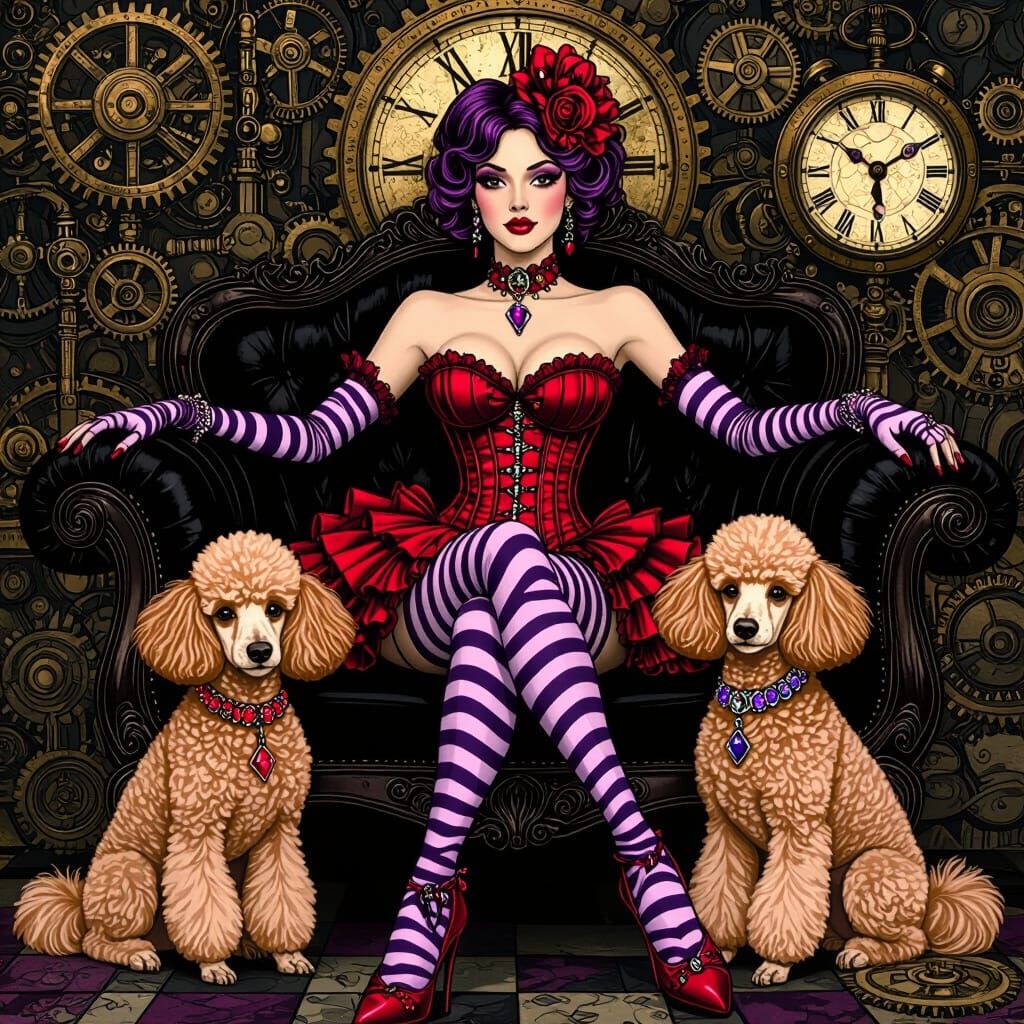 Steampunk Zebra Lady with Poodles in Victorian Setting
