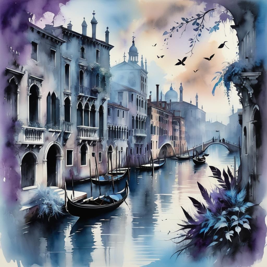 Gothic Venice Landscape in Watercolor