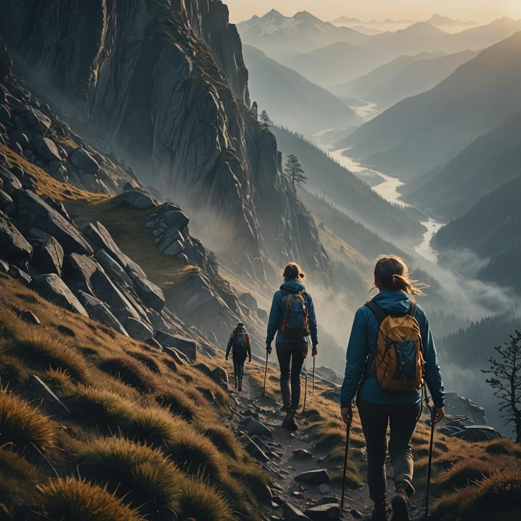 Cinematic Hiking Scene in Misty Mountains