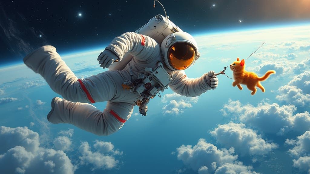 Astronaut Spins Away From Ship with Space Cat Companion
