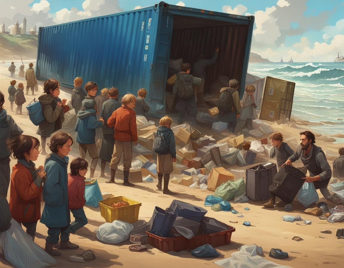 Modern day treasure hunters scavenge among the goodies spilling from a grounded container ship