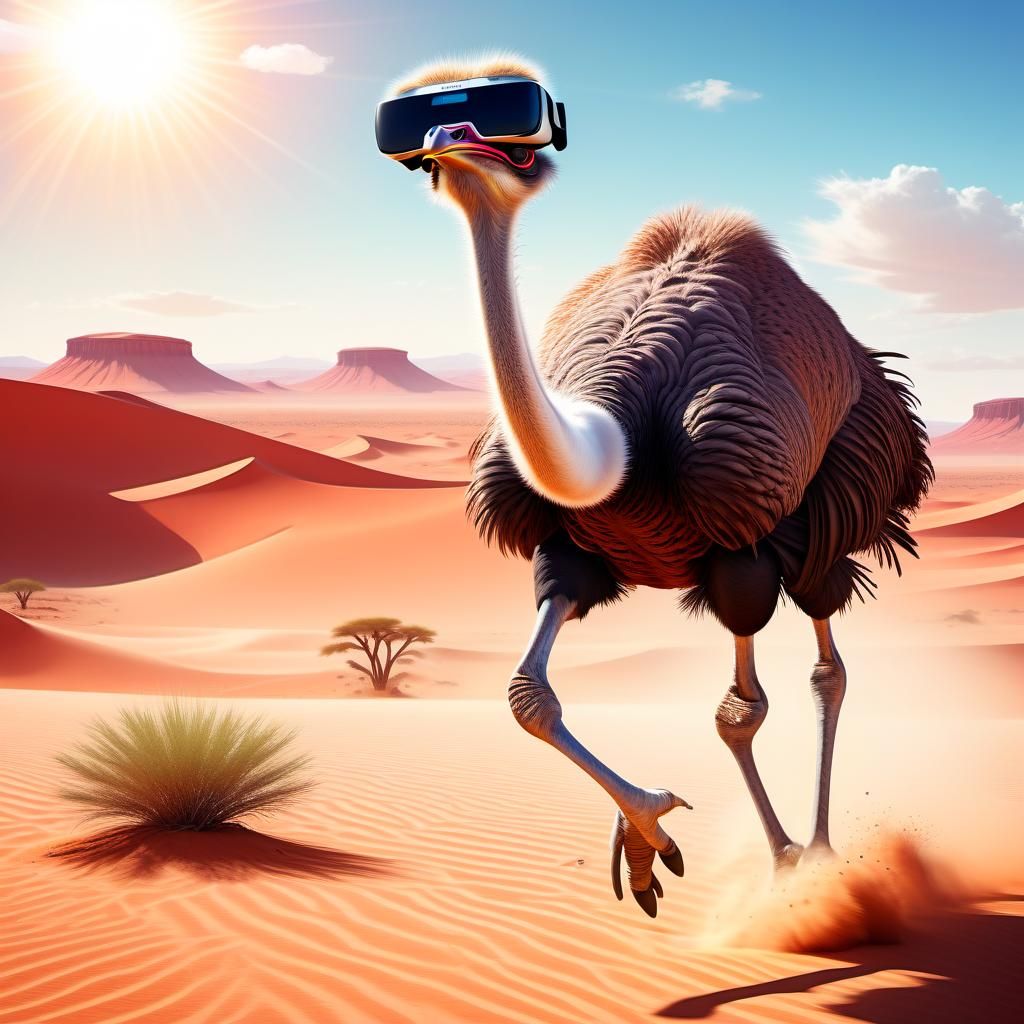 Ostrich in VR Headset Running in Desert