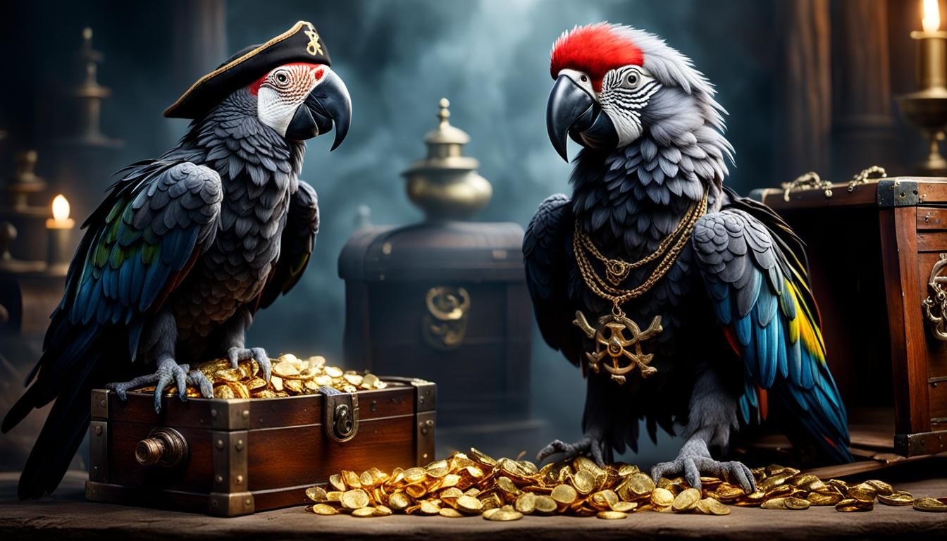 Pirate Parrot Portrait with Gold Chest