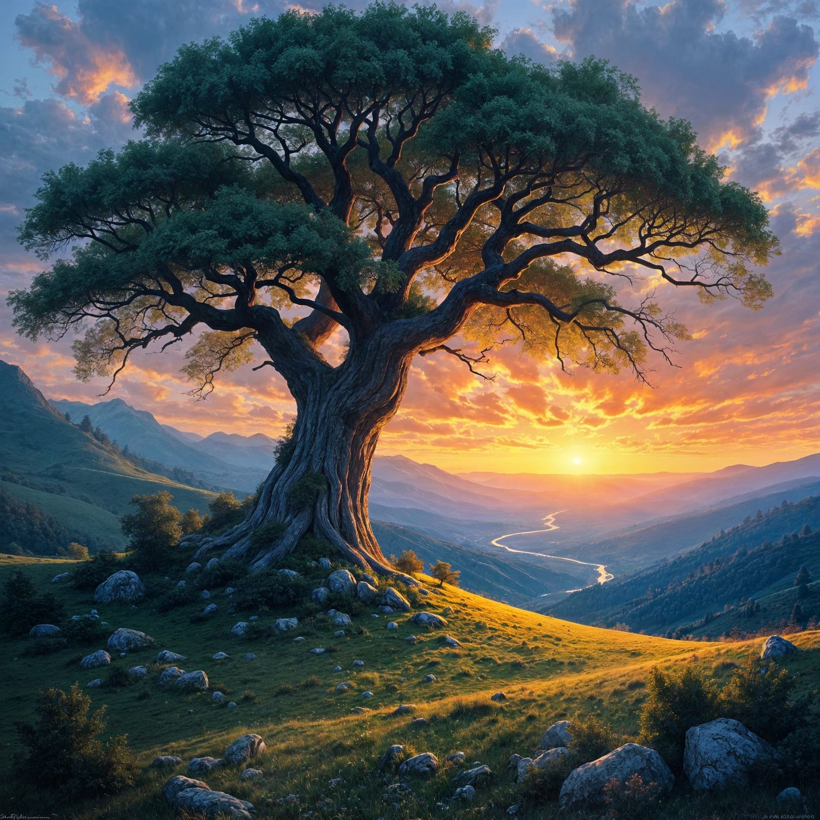 Ethereal Dawn in Vibrant Brushwork Fantasy Landscape