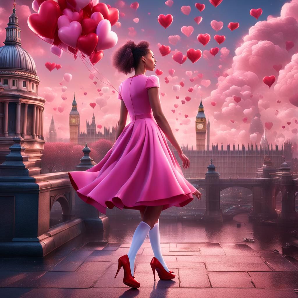 M3gan in Pink Dress with London Hearts Sky