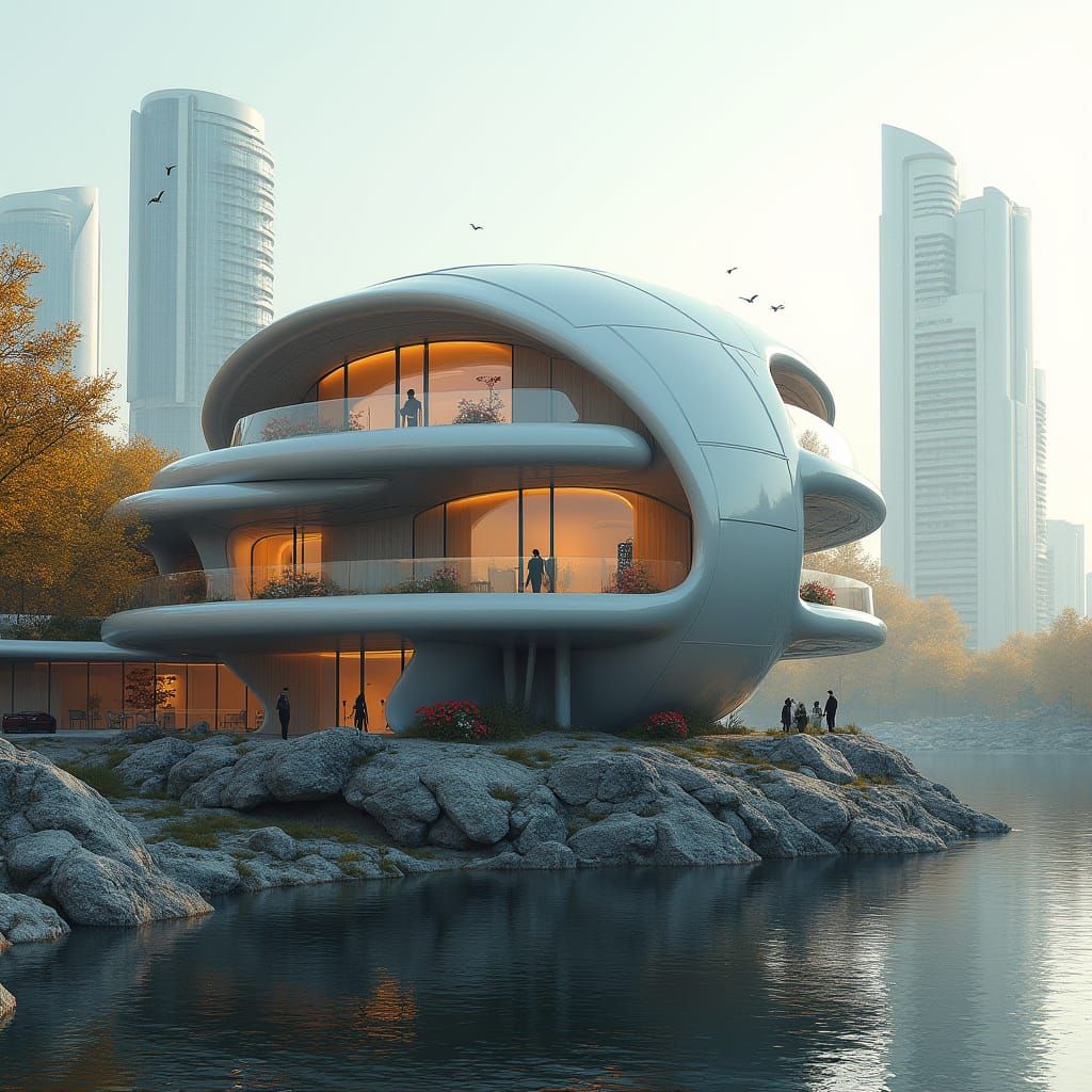 Futuristic Polycarbonate Building on Serene Lake
