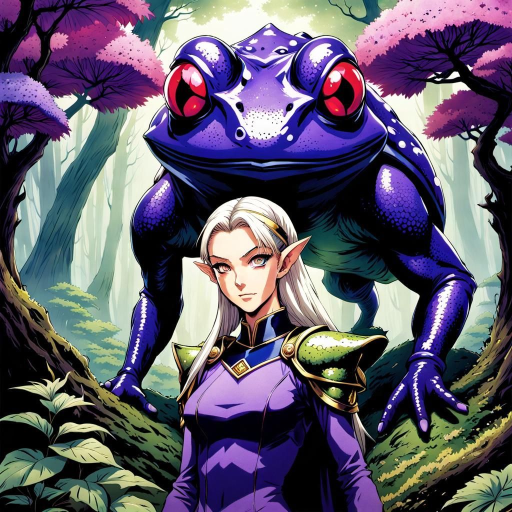 Anime Elf with Frog Stand in Jojo Style