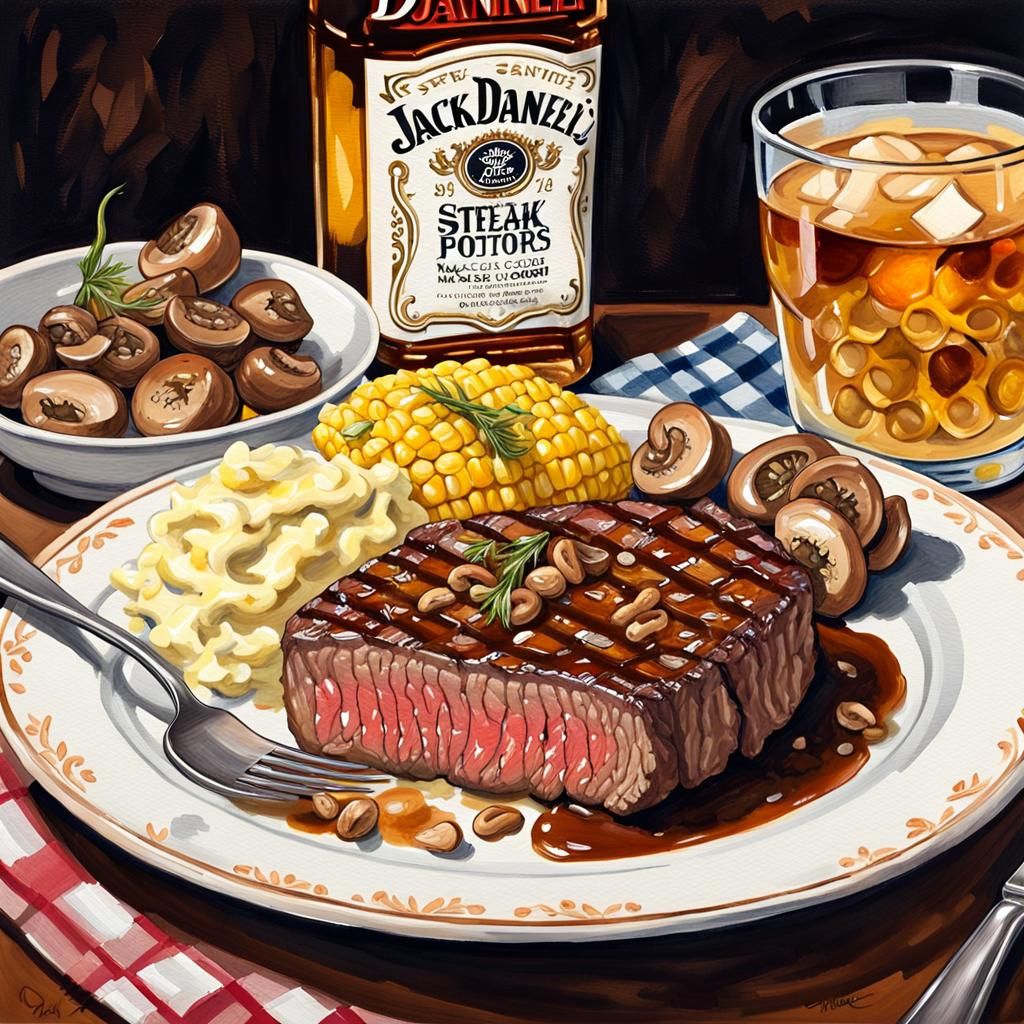 Juicy Steak with Scotch in Gouache Style